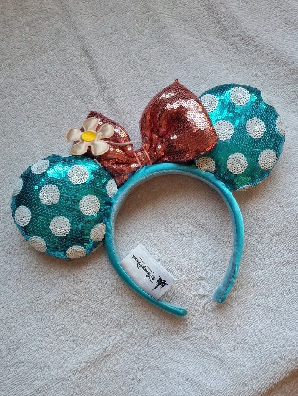 Disneyland Teal & White Polka Dot Minnie Mouse Ears Headband Pink Bow Flower